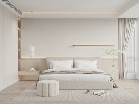  现代奶油风卧室 床头背景墙 双人床 衣柜 休闲沙发 老人房3d模型 