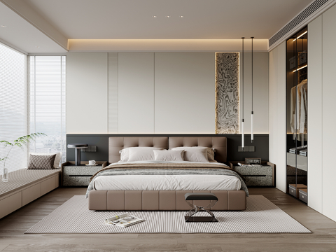  现代简约卧室 皮质双人床 床头柜 吊灯 衣柜 地毯3d模型 