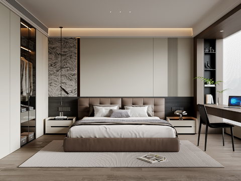  现代意式卧室 皮质双人床 床头柜 吊灯 书桌椅 地毯3d模型 