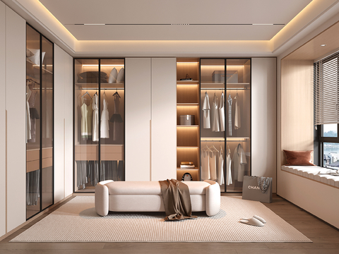  现代衣帽间 开方格 玻璃门 换鞋凳3d模型 