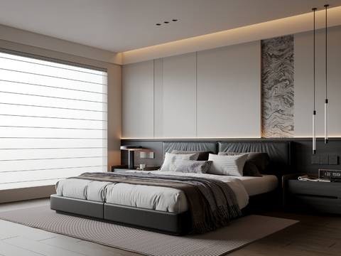  现代简约卧室 皮质双人床 床头柜 吊灯 地毯3d模型 