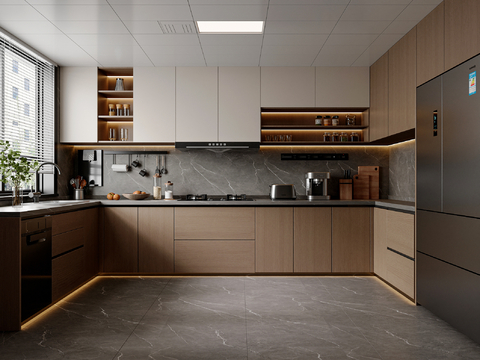  现代意式厨房 U型厨房 橱柜 厨房用品 厨具 厨房电器3d模型 