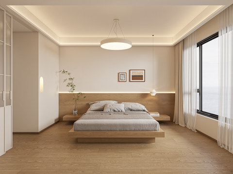  日式原木卧室3d模型 