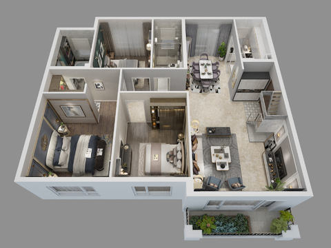  现代家装样板间鸟瞰图3d模型 