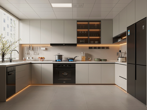  现代简约厨房 U型厨房 橱柜 厨房用品 厨具 厨房电器3d模型 