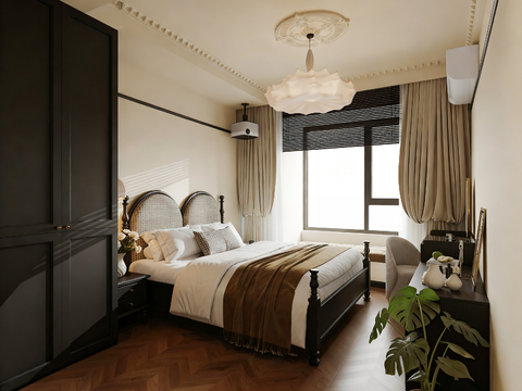  中古风主卧 美式复古卧室 中古主卧 复古奶油卧室 法式中古卧3d模型 