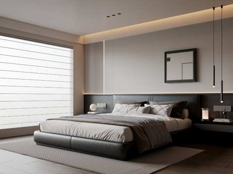  现代极简卧室 皮质双人床 床头柜 挂画 吊灯 地毯3d模型 