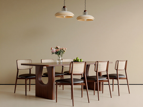  侘寂风家居餐桌椅 餐桌 餐椅 餐具 摆件 吊灯3d模型 