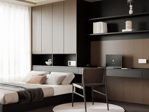  现代意式榻榻米卧室 单椅 笔记本电脑 电脑 书柜 吊柜3d模型 