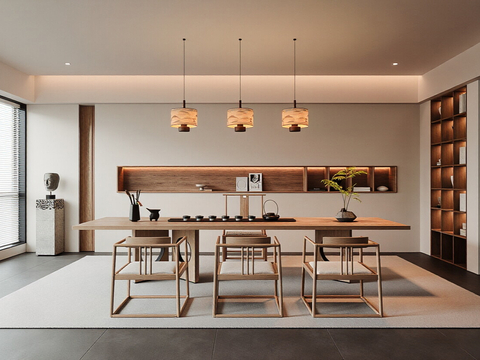  现代新中式茶室 茶桌椅组合 茶具 茶柜 吊灯 茶椅3d模型 