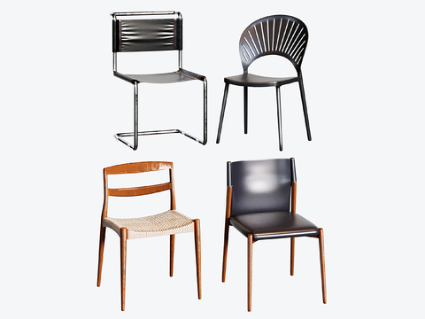  现代中古餐椅 不锈钢皮质单椅 写字椅 木质椅3d模型 