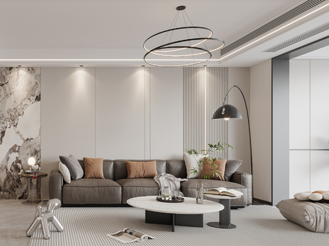  现代客餐厅 沙发组合 餐桌椅组合 酒柜 挂画 吊灯免费3d模型 