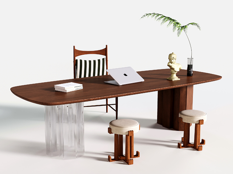  法式复古书桌椅 长方形实木书桌 单椅 凳子3d模型 