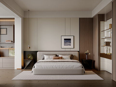  现代简约卧室 主卧 现代双人床 书柜 挂画 卧室摆件3d模型 