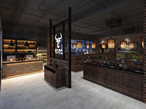  新古典火锅店 门头 餐桌椅 吊灯3d模型 