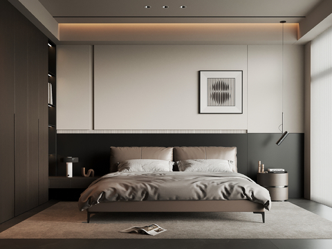  现代意式卧室 双人床 床头柜3d模型 