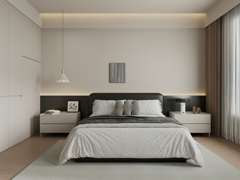  现代极简卧室 床头柜 双人床 衣柜3d模型 