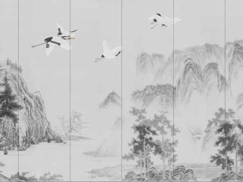  新中式壁画壁纸贴图 