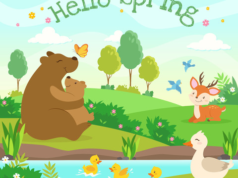  可爱儿童卡通森林动物狮子老虎长颈鹿插画海报图案 