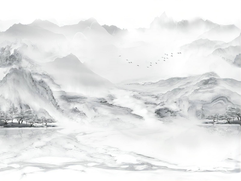  中式水墨山水壁画贴图 
