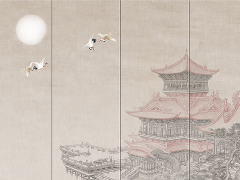  中式建筑亭台仙鹤壁纸贴图 