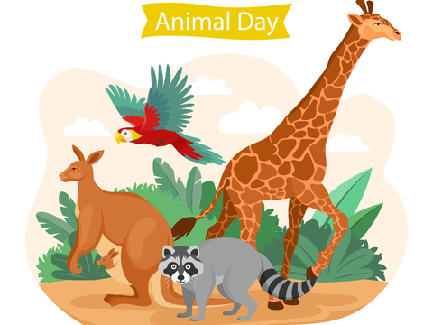  可爱儿童卡通森林动物狮子老虎长颈鹿插画海报图案 