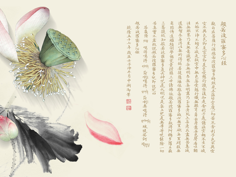  新中式荷花壁画 