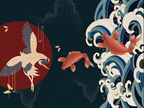  中国风鲤鱼仙鹤 