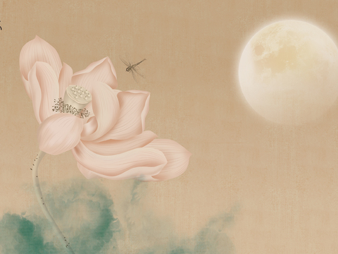  新中式荷花壁画 