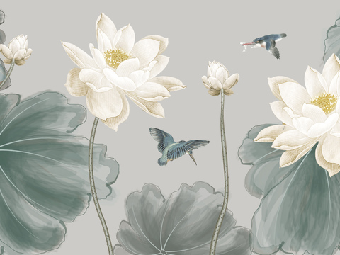  新中式荷花壁画 