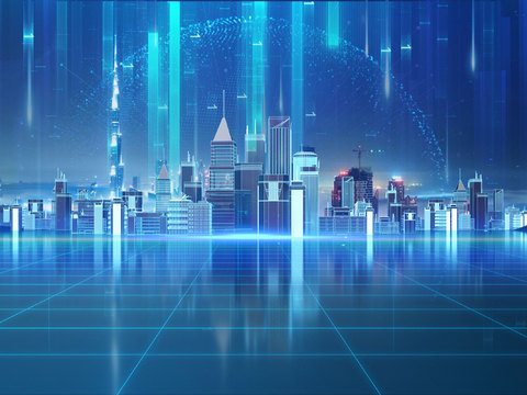  LED电子屏幕 科技城市背景 