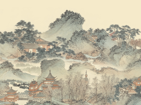  中式山体阁楼壁画贴图 