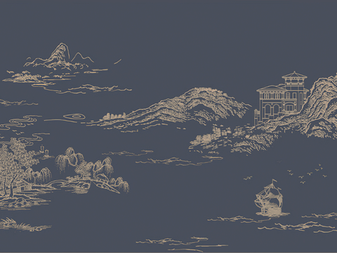  新中式壁画壁纸贴图 