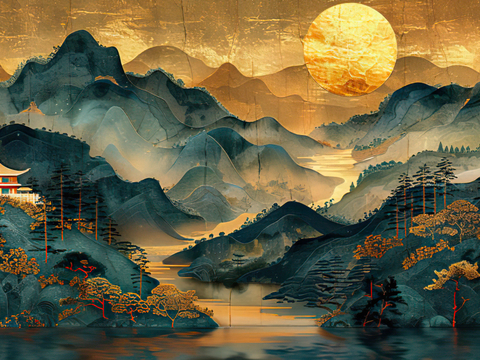  中式壁画山水壁画 