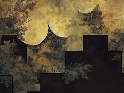  新中式中古复古抽象植物图案壁纸壁画 