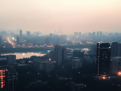  黄昏城市高楼外景 