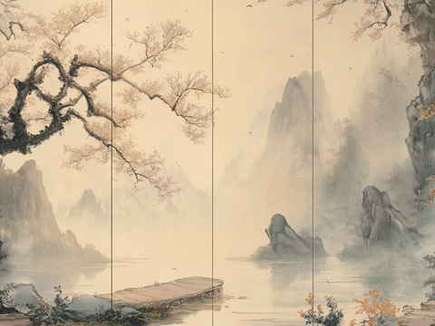  新中式水墨山水壁画 