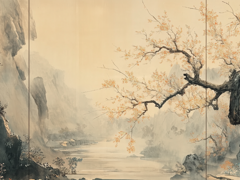  新中式水墨山水壁画 