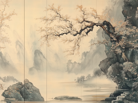  新中式水墨山水壁画 