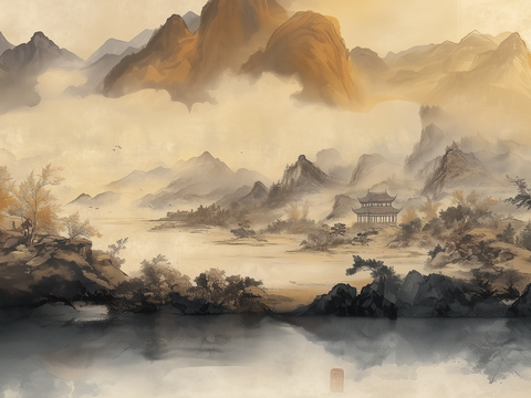  新中式水墨山水画壁画墙布 