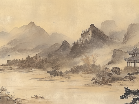  新中式水墨山水画壁画墙布 