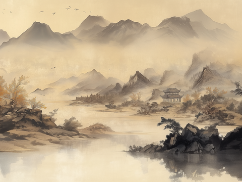  新中式水墨山水画壁画墙布 