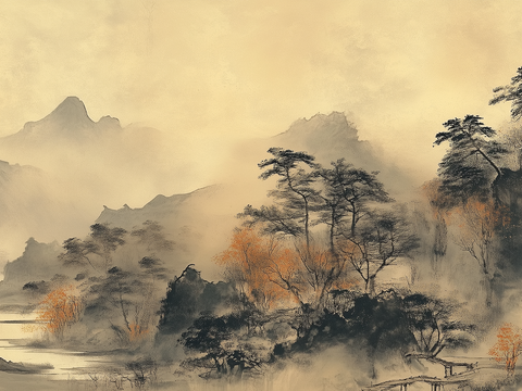  新中式水墨山水画壁画墙布 