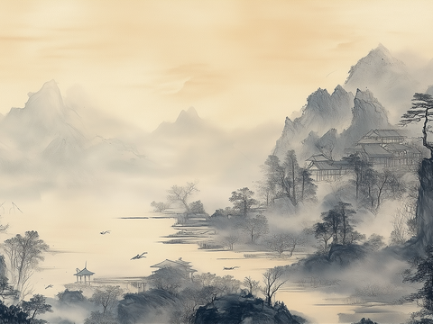  新中式水墨山水画壁画墙布 