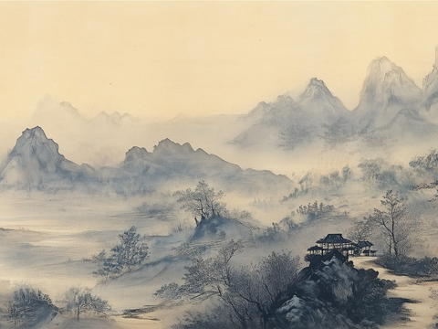  新中式水墨山水画壁画墙布 