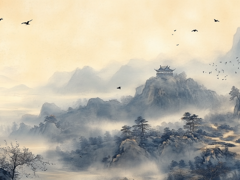  新中式水墨山水画壁画墙布 