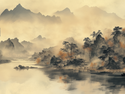  新中式水墨山水画壁画墙布 