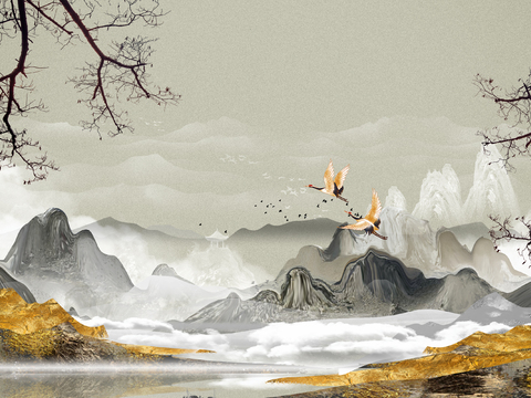  灰色鎏金山水壁纸 