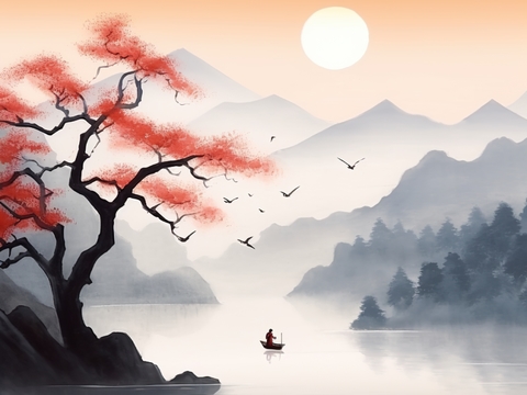  新中式山水壁画水墨画 