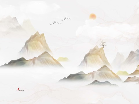  中式水墨画壁纸 山水画壁画 